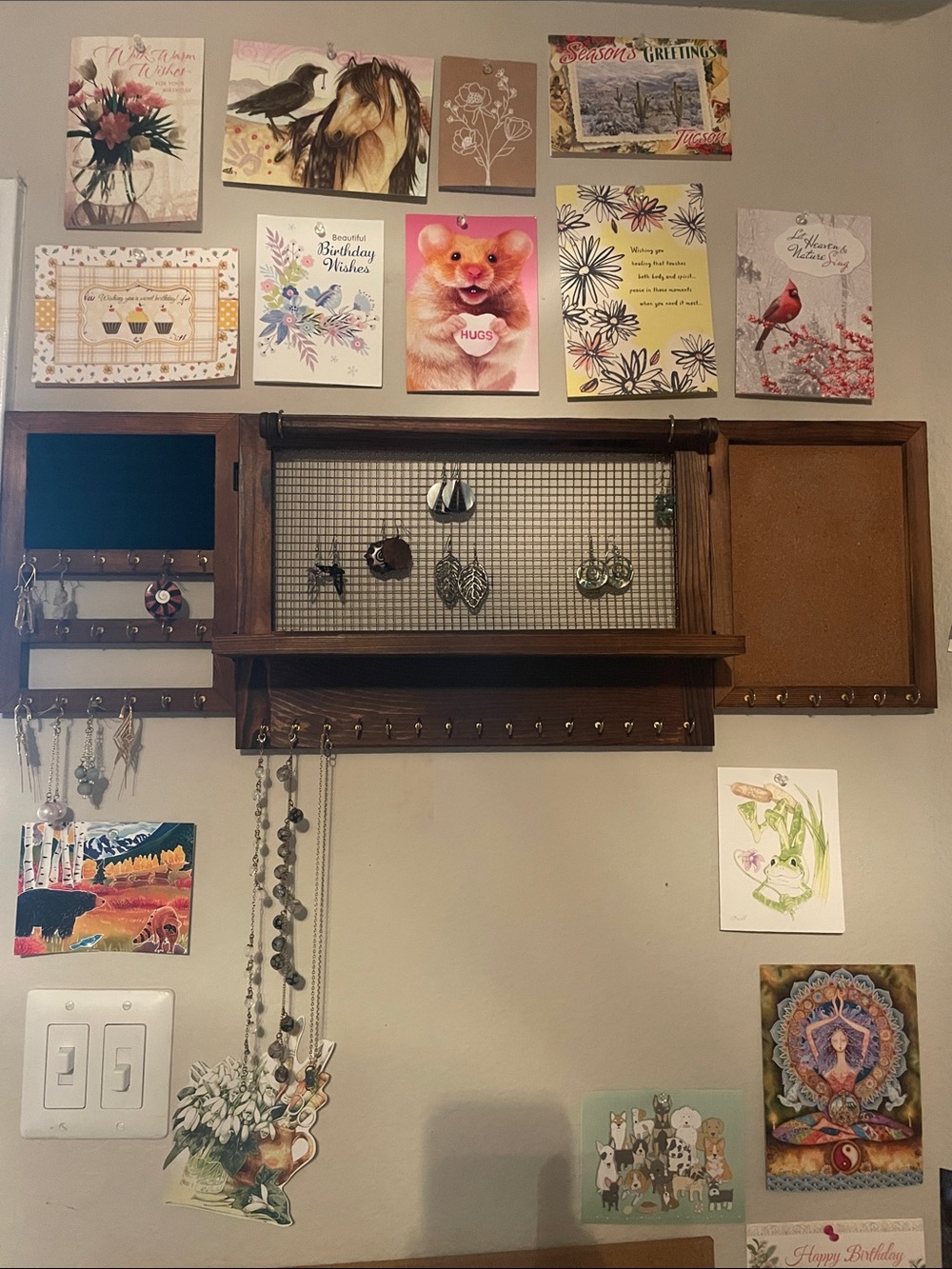 Wood Wall Jewelry Organizer Shelf with Hooks and Mesh Display